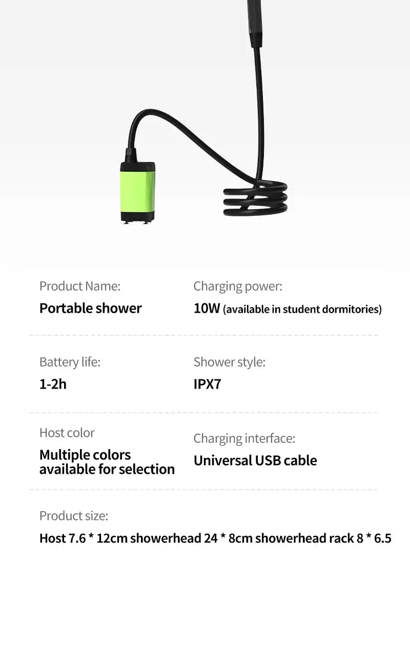 Portable camping shower pump with lime-green body and black hose, handheld shower head included.