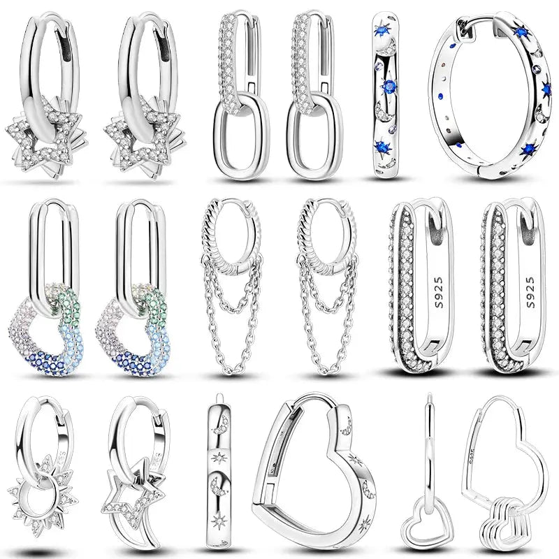 925 Silver Hoop Earrings For Women Zircon Heart Shape Star Eardrops Original Fashion Jewelry