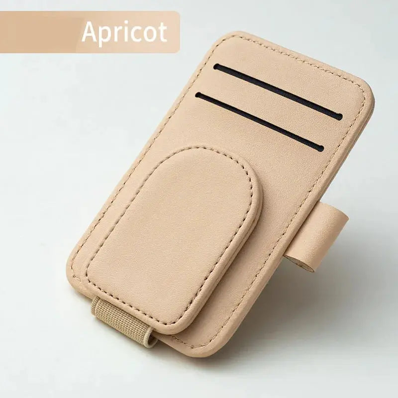 Leather car sun visor sunglasses holder in apricot from Simples Market with magnetic clip and card slots