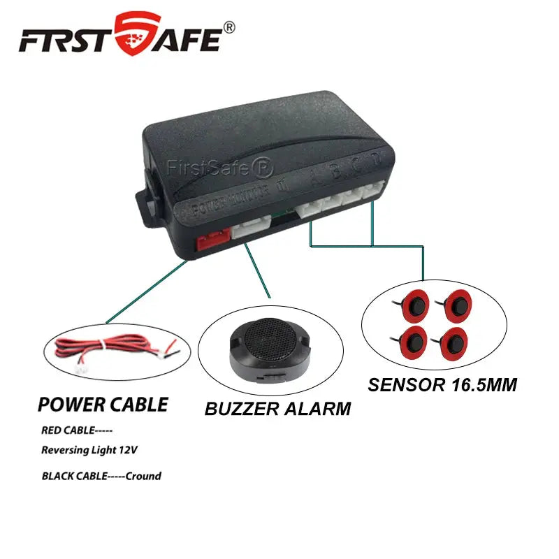 Parking sensor kit, 12V with 4x 16.5mm flat-probe sensors and buzzer alarm; FirstSafe branding