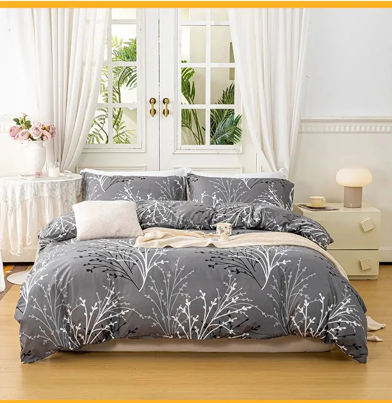 Leaf-floral gray duvet cover set with 2 pillowcases; soft, skin-friendly bedding for the bedroom.