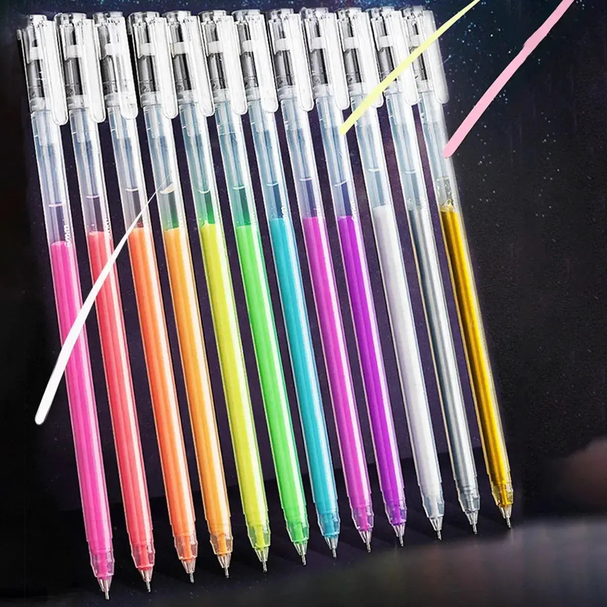 12-color gel pen set with fine 0.5mm tips and transparent barrels, displaying bright ink colors