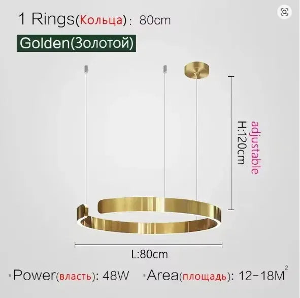 Simples Market golden ring ceiling chandelier pendant lamp, 80 cm diameter, adjustable height, LED