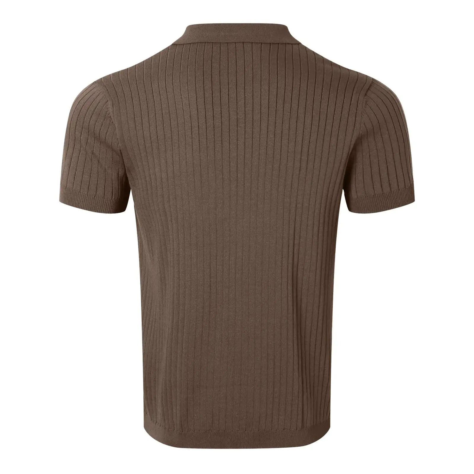 Men's brown ribbed knit polo shirt, solid color, short sleeves