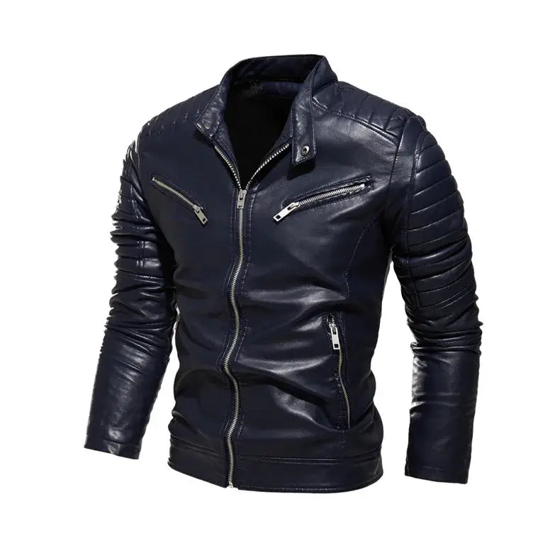 Men's black leather biker jacket by Simples Market with quilted sleeves and zip pockets