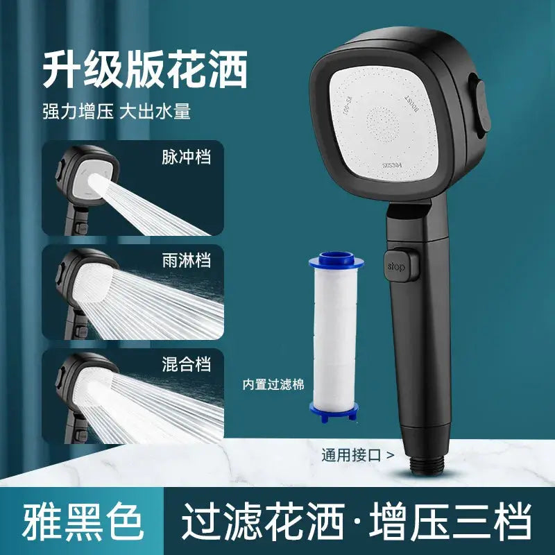 Shower head, black, three-mode high-pressure with water-saving spray and built-in filter cartridge.