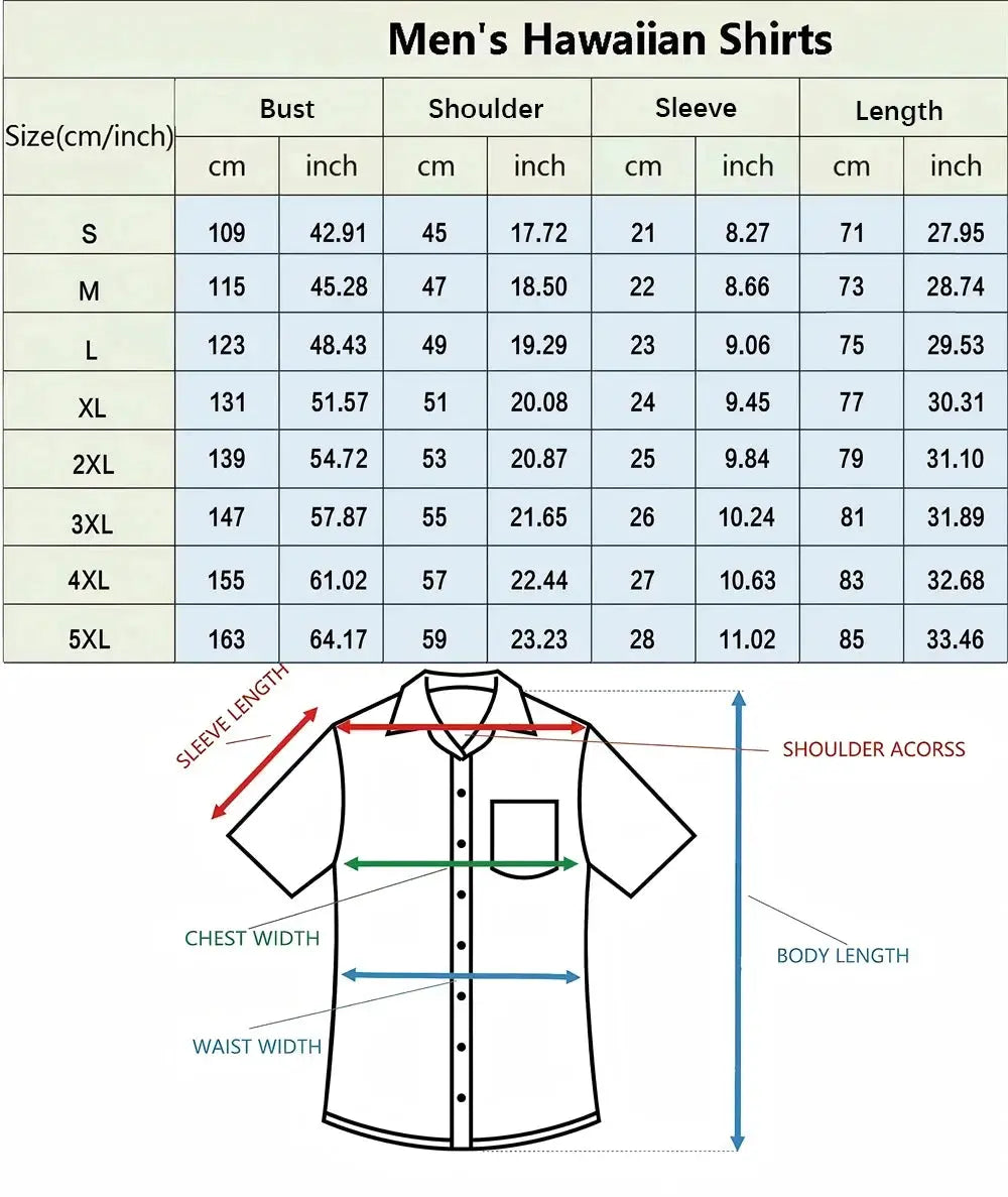 Simple Men's Hawaiian shirt size chart and measurement diagram by Simples Market.