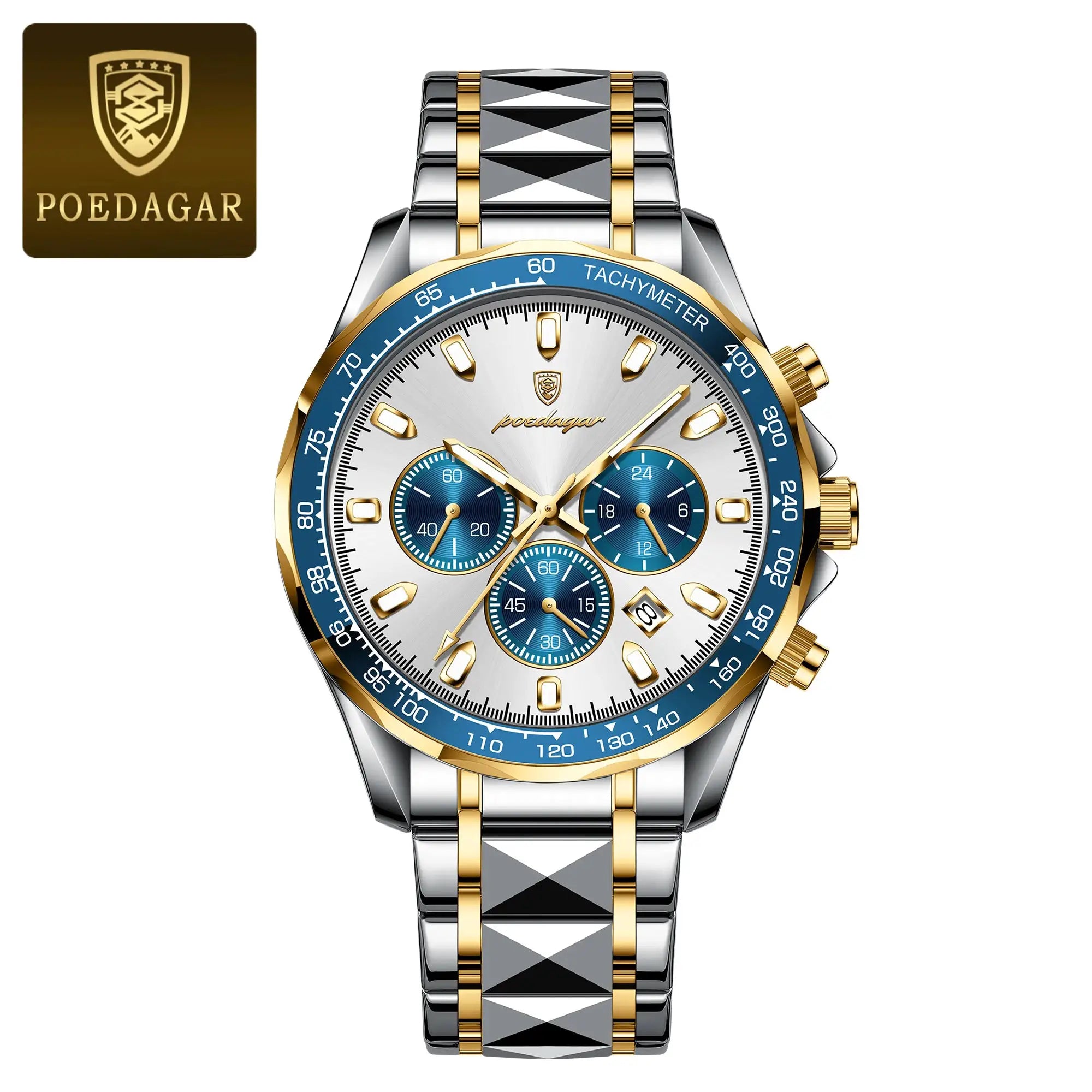 POEDAGAR men's luxury stainless steel chronograph watch with two-tone gold and silver finish and blue tachymeter bezel.