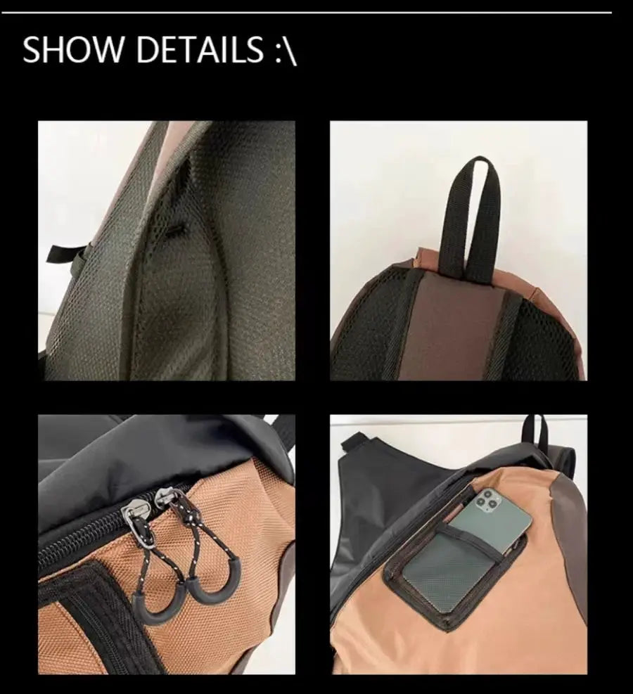 Simples Market New Y2k portable light nylon crossbody bag in brown and black with front phone pocket and carabiner pulls