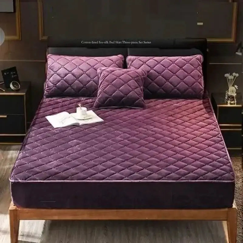 Plush quilted velvet mattress cover set in deep purple for king/queen bed with three matching pillows