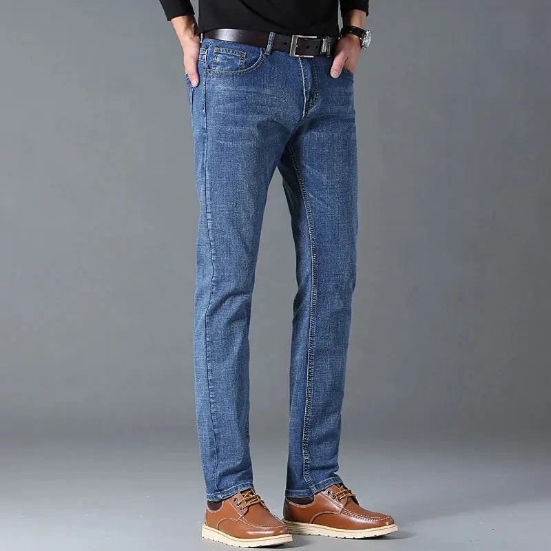 Men's blue denim jeans, casual straight-leg fit, everyday workwear style