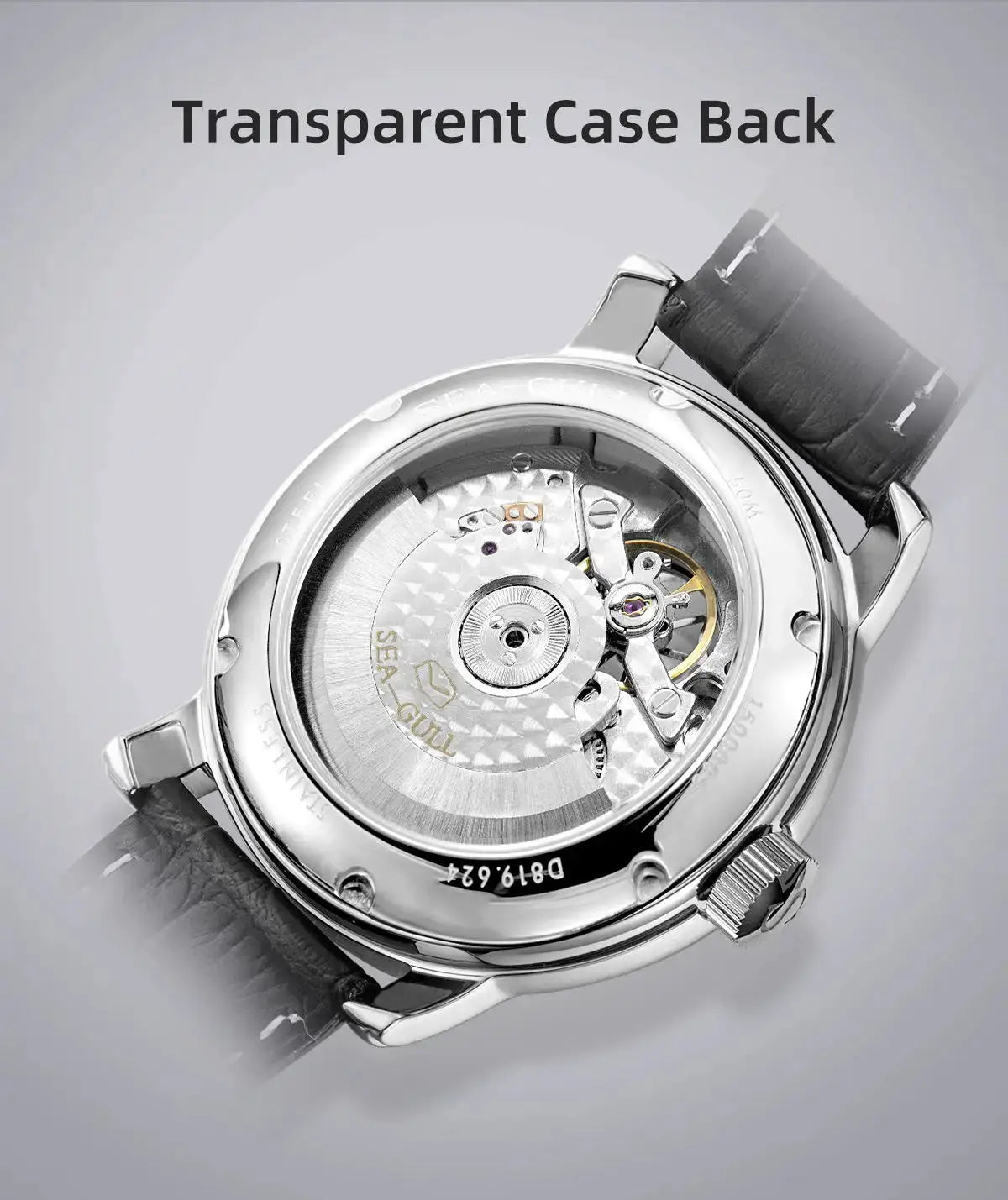 Simples Market men's automatic mechanical wristwatch with transparent case back, silver steel case, black leather strap.