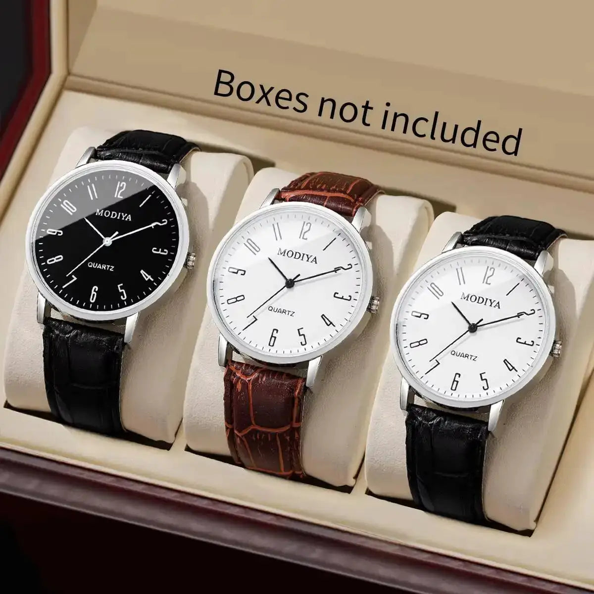 3 Piece Set Fashion Mens Business Wristwatches With Arabic Dial Leather Strap Quartz Box Not Included