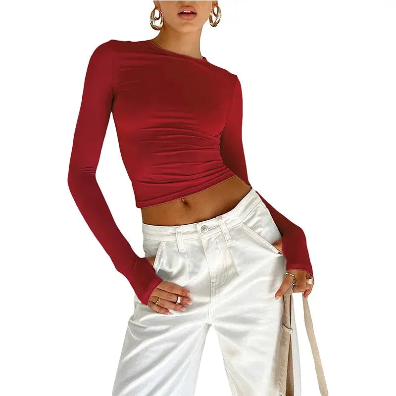 NovaTrend Women Crop Top Long Sleeve Crew Neck Slim Fit Tee Cotton Polyester Blend With Thumb Hole Design For Comfort