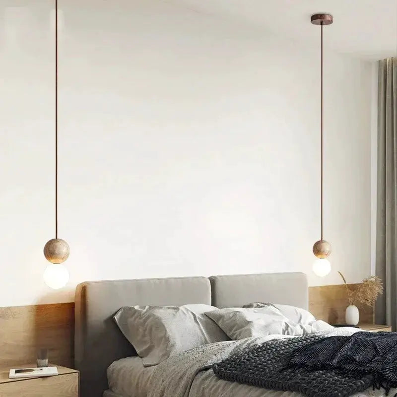 Led pendant lights stone cream style chandelier pair with long hanging cords and round wooden ball accents above bed