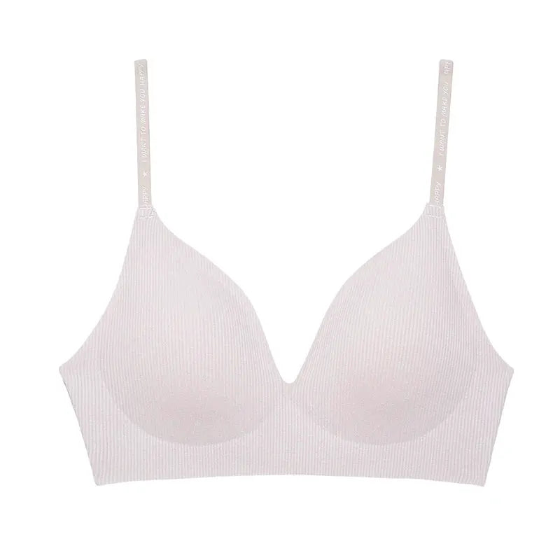 FINETOO wireless padded bralette, light pink ribbed knit with deep V neckline and adjustable straps