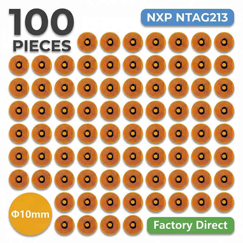NTAG213 RFID NFC tags, 100 orange 10mm discs for passive anti-metal tagging
