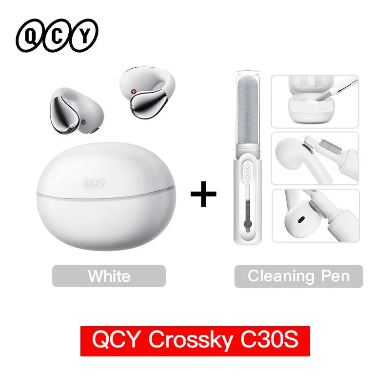 QCY Crossky C30S white open-ear wireless earphones with charging case and cleaning pen