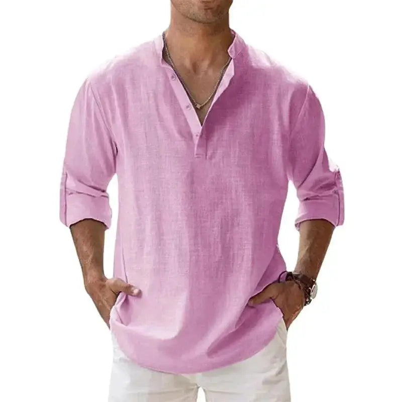 Men's Lightweight Long Sleeve Henley Shirts Cotton Linen Blend Breathable Casual Beachwear Tee