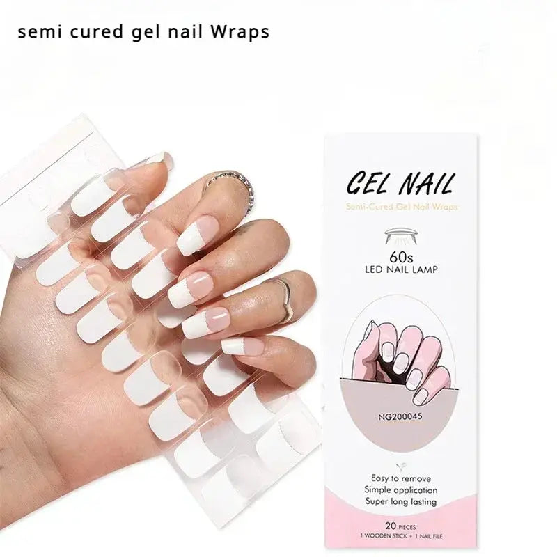 Gel nail wraps set with white French-tip full-cover manicure, 20 pieces for UV lamp