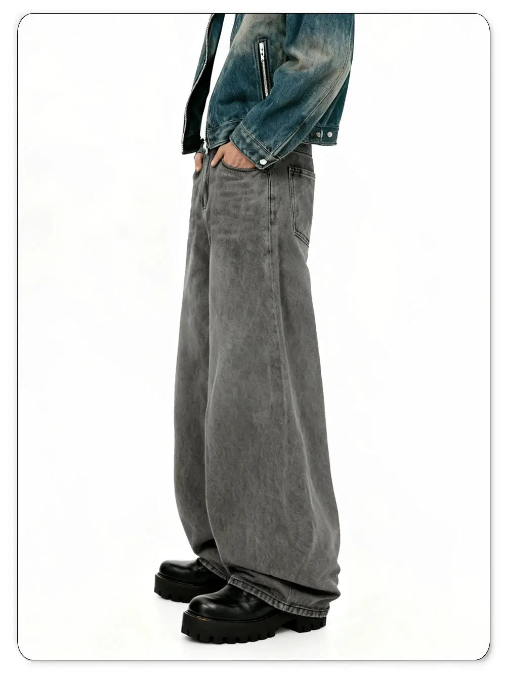 Denim jeans by Simples Market; American men's retro baggy wide-leg gray denim, casual streetwear