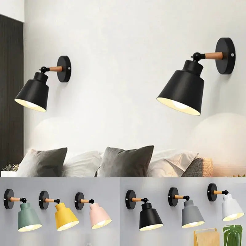 Nordic wall lamp pair, solid wood LED lamps with black metal shades and wooden arms, Simples Market