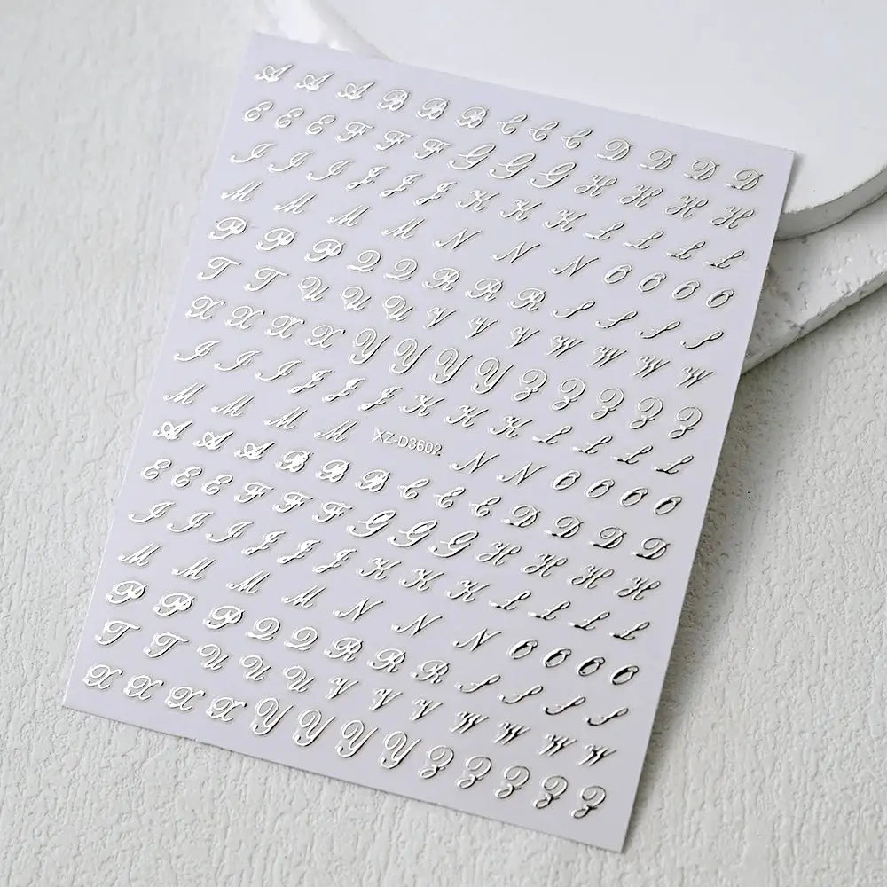 3D roman letter nail stickers, 1pc sheet in silver, by Simples Market, self-adhesive manicure decals
