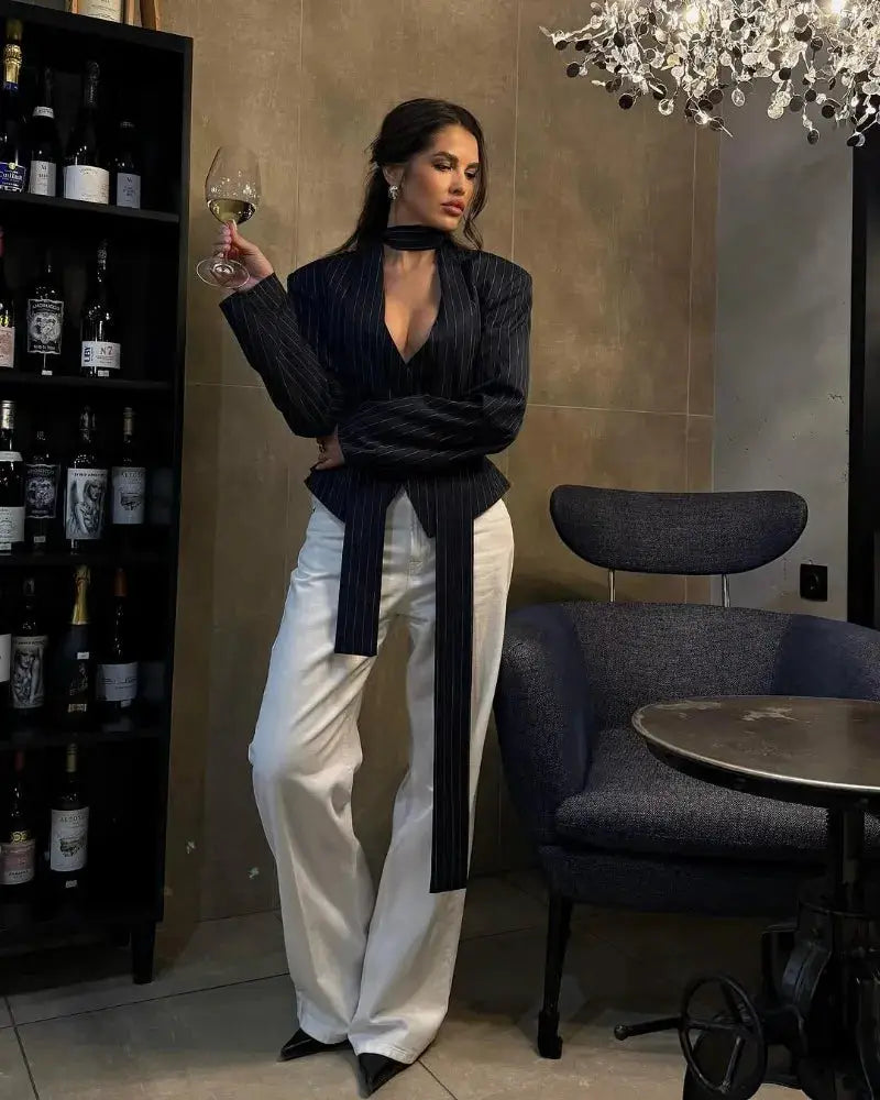 Trendix Elegant Blazer 2 Piece Set: navy pinstripe blazer with scarf belt and white wide-leg pants