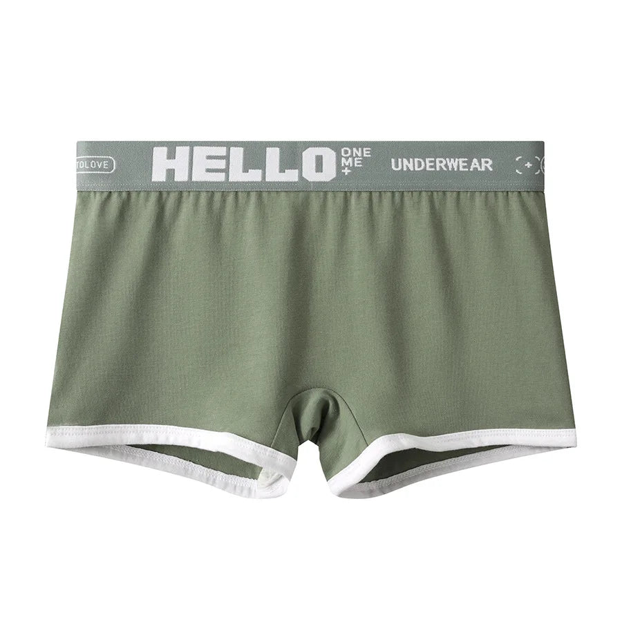 Womens olive green cotton boyshorts with gray HELLO UNDERWEAR waistband; breathable underwear