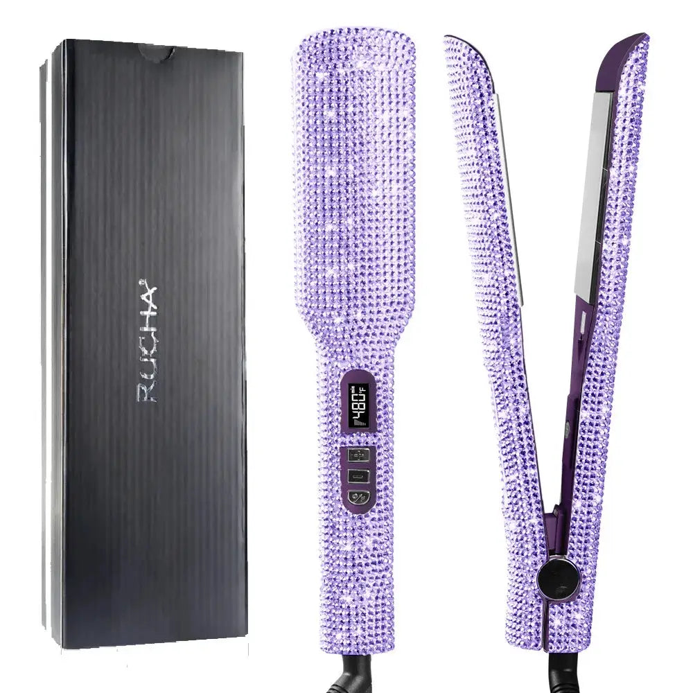 Rhinestone titanium flat iron from Simples Market with 2-inch plates, purple cover, LCD display, dual voltage