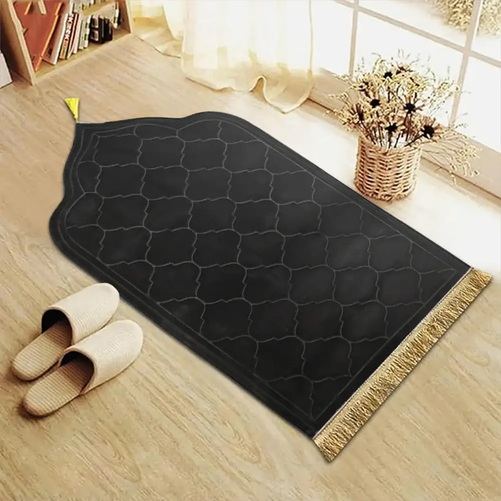 Prayer rug in black with gold tassels by Simples Market; thick soft flannel