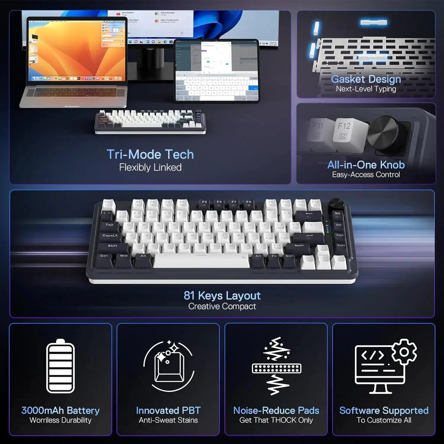Redragon K673 PRO 75% wireless RGB mechanical keyboard, 81-key compact with hot-swappable Red switches, Simples Market