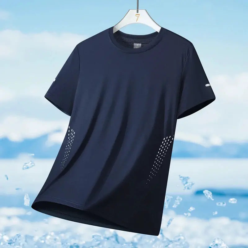 Running T-shirt, navy, short sleeves, breathable quick-dry fabric with side ventilation dots