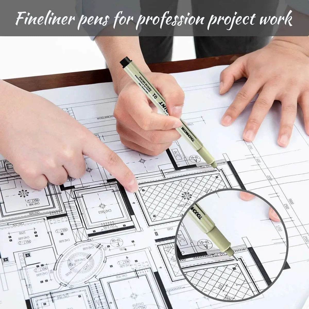 Fineliner pens set for sketching; pale green needle-tip pens shown on architectural blueprint