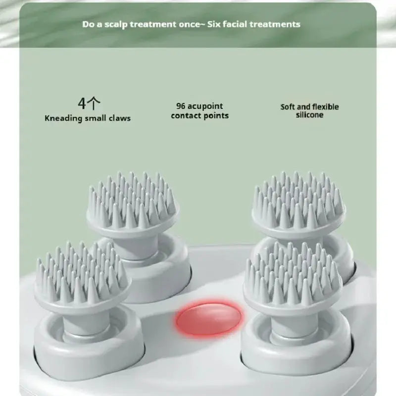 Simples Market deep scalp massager with four brush heads and soft silicone bristles; portable electric massager.