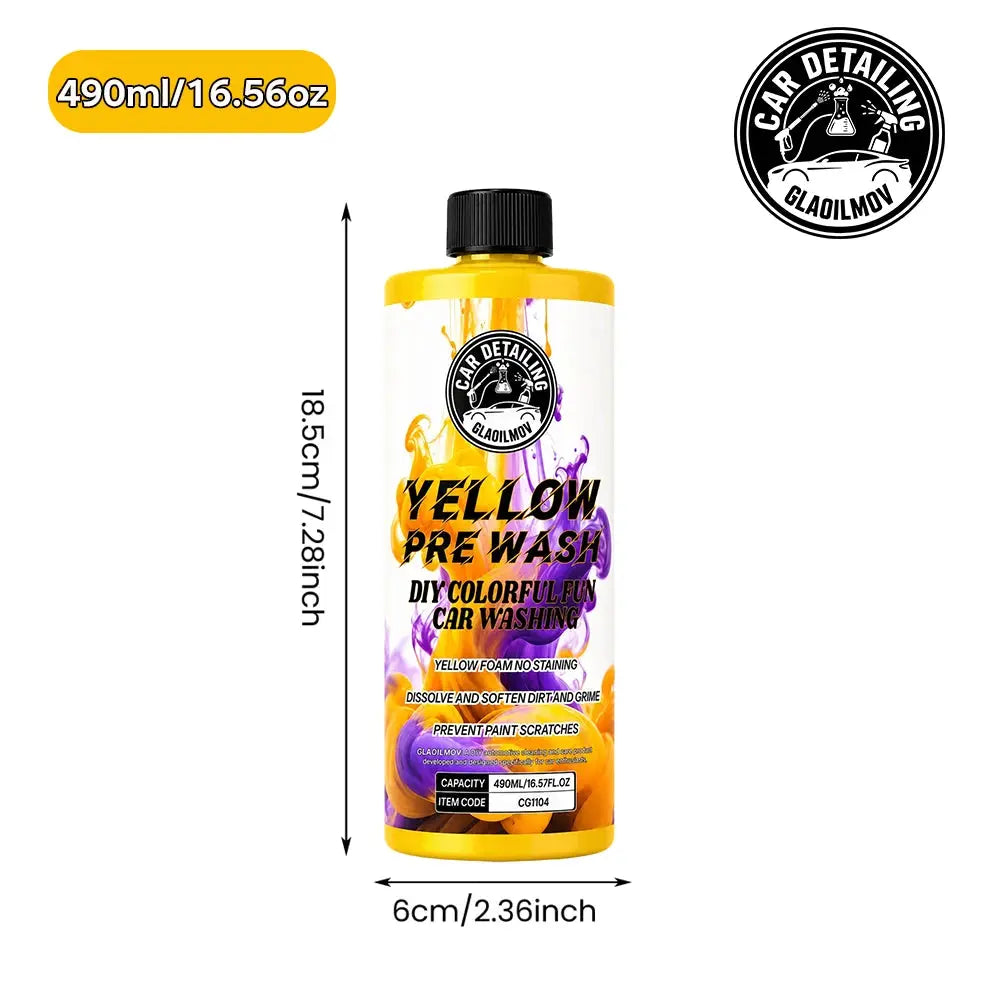 Simples Market Yellow Pre-Wash car shampoo bottle with colorful swirl label and yellow cap, 490ml.