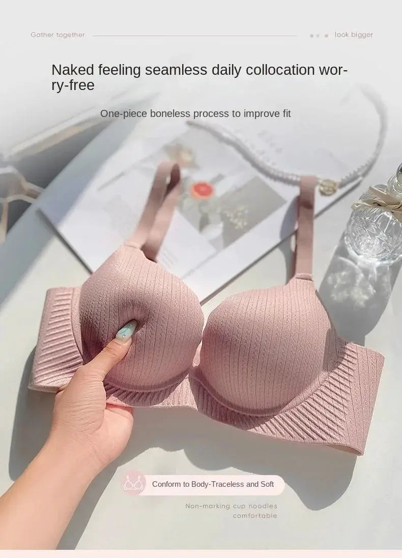 Push-up bra pink ribbed with thick padding and wide band