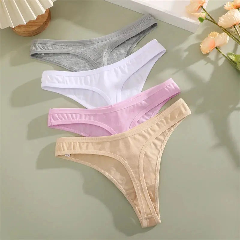 Seamless cotton thong underwear set, 4-piece in gray, white, pink, and beige
