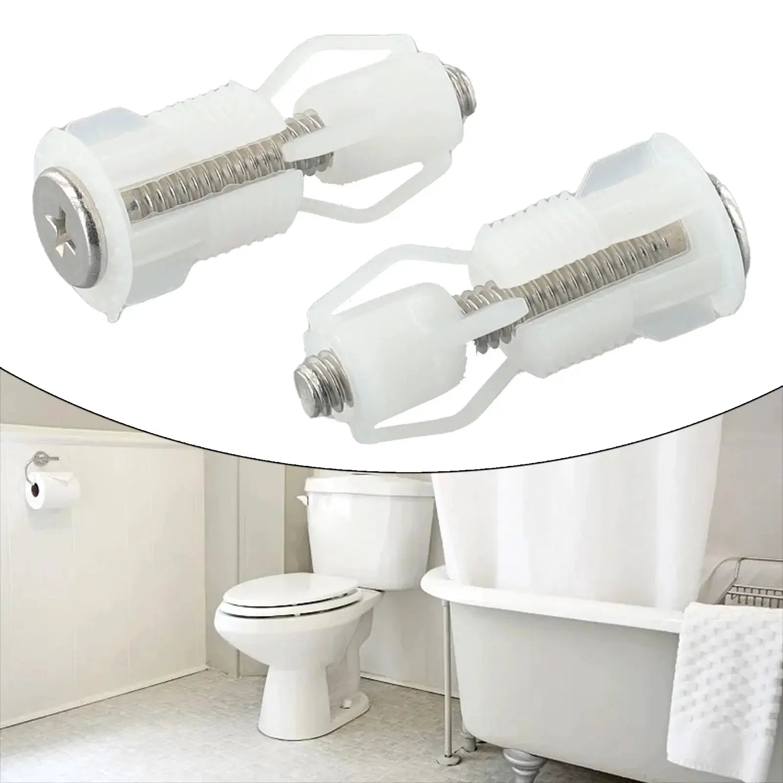 2pc white top-fix toilet seat screws kit with nut covers; plastic with metal springs.