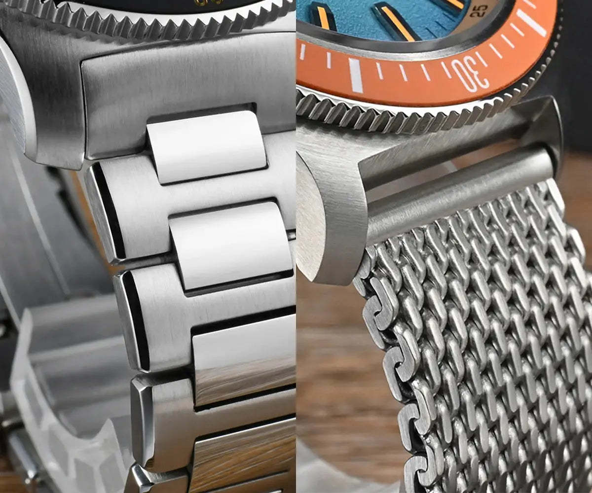 San Martin dive watch with orange bezel; brushed stainless steel bracelet shown in two styles—solid-link and mesh.