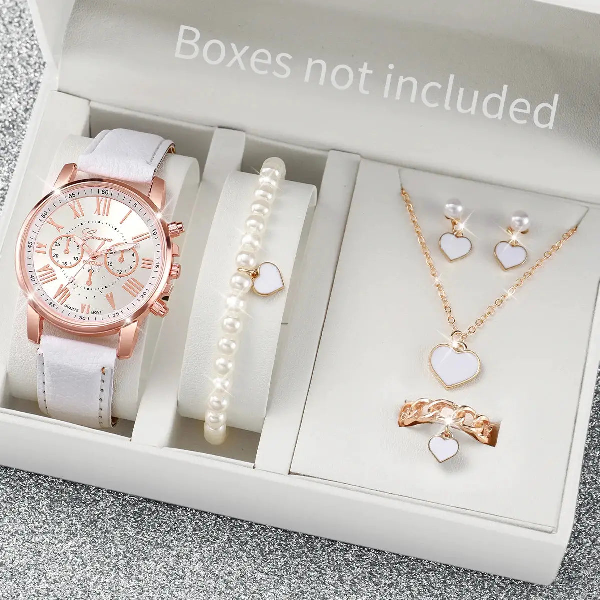 AuroraTime Womens Quartz Watch Leather Band Jewelry Set Heart Rhinestones Accent Analog Roman Numerals