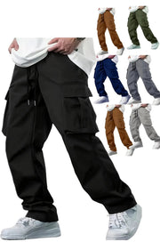 Simples Market men's cargo work pants with drawstring waist and multiple pockets, shown in six colorways.