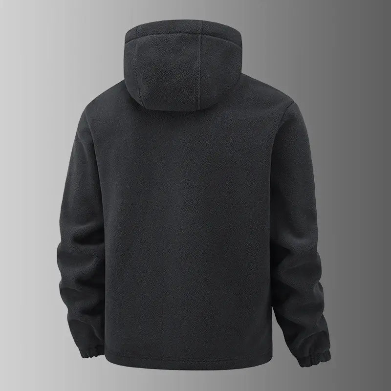 Men's fleece hooded jacket, black, thick warm outerwear for outdoor windproof protection.
