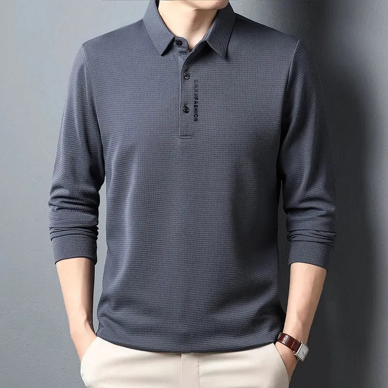 Men's waffle-knit long-sleeve polo shirt with letter-printed placket in dark gray