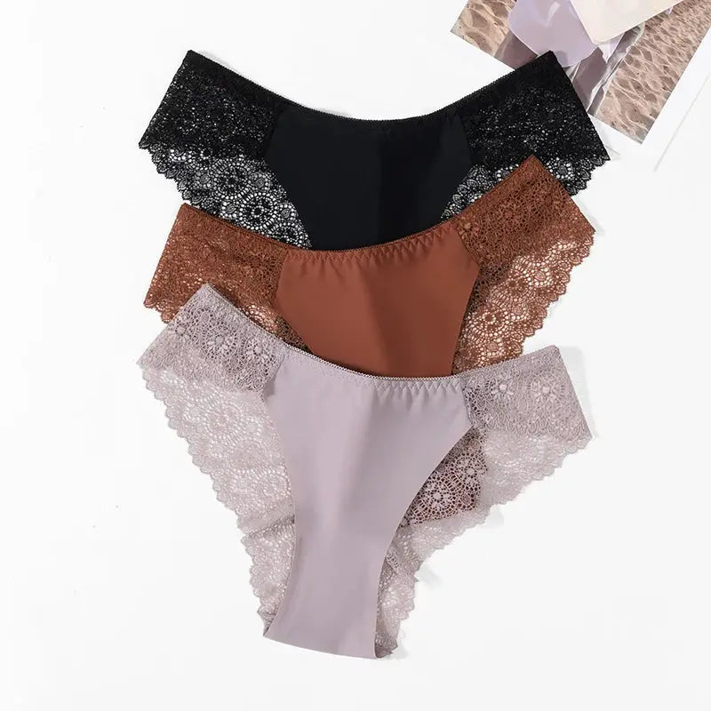 Three-piece silk satin lace panties set in black, brown, and lavender