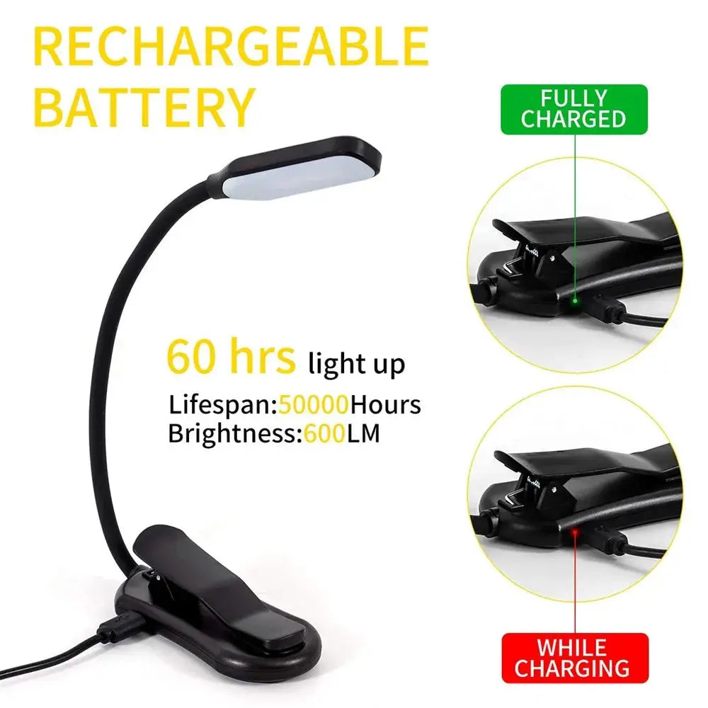 LED book light Simples Market, USB rechargeable clip reading lamp with flexible neck and 3-level warm/cool daylight.