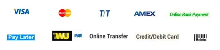 Payment method logos collage with Visa, MasterCard, AmEx, Online Bank Payment, Pay Later, Western Union, Credit/Debit Card, Boleto