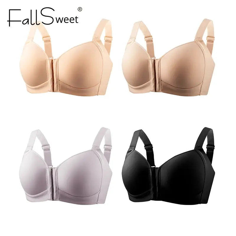 FallSweet plus-size wireless front-closure bra set with seamless cups in nude, beige, lavender, black (4-pack)