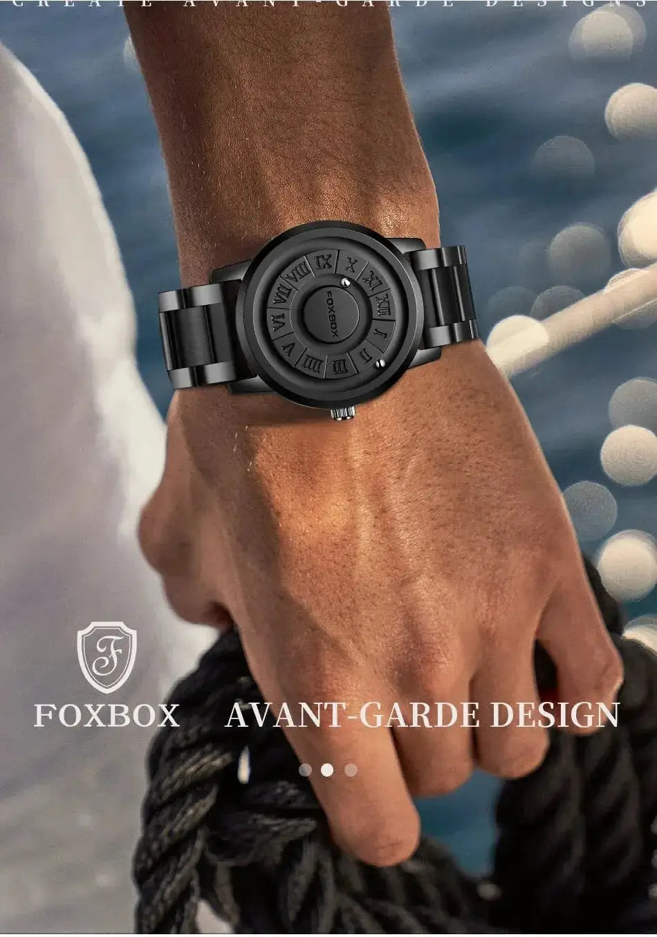 FOXBOX watch for men, black metal bracelet, waterproof quartz with roman numeral dial