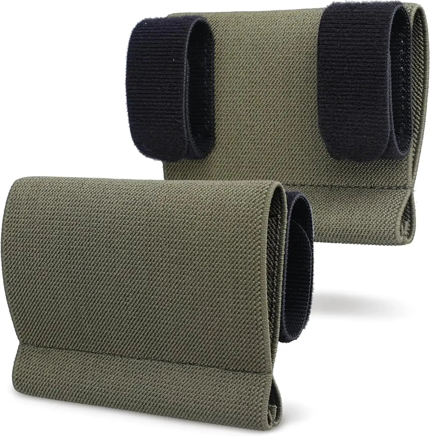 Elastic tourniquet holder sleeve pouch set for tactical belts, olive drab with black Velcro straps, 3-pack
